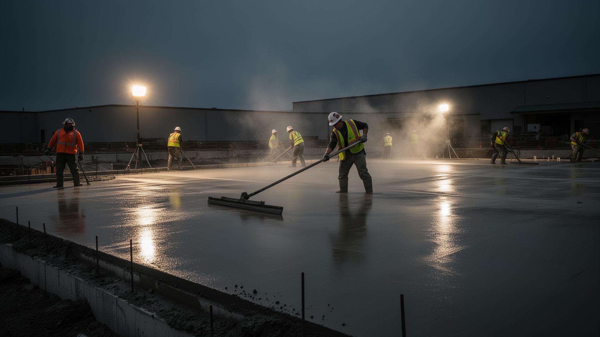 Concrete specialists finishing a freshly poured slab